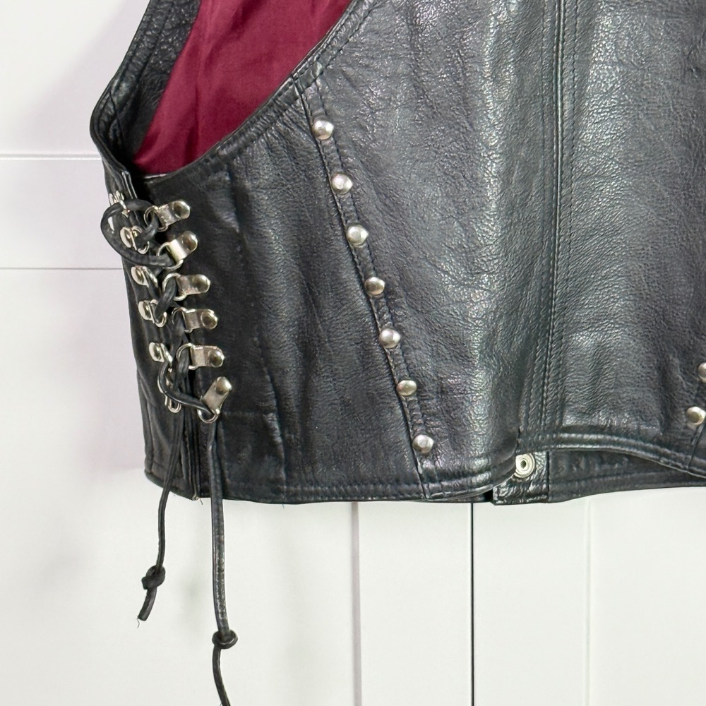 Vintage Heavyweight Premium Leather Biker Vest Studded Women's Moto Side Lace L - Picture 6 of 7